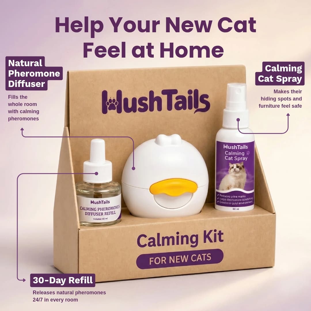 Lush Tails calming kit for new cats with diffuser, spray, and refill on a light purple background.