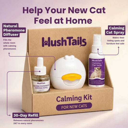 Lush Tails calming kit for new cats with diffuser, spray, and refill on a light purple background.